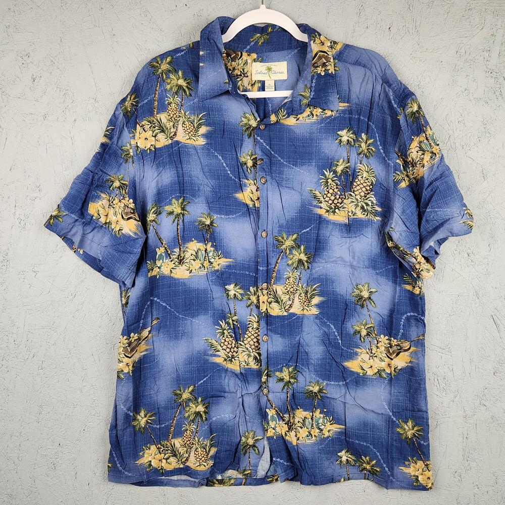 Island Shores Shirt Mens XL Blue Hawaiian Aloha Rayon Camp Collar Palm Pineapple